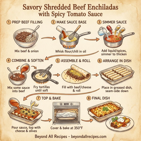 Savory Shredded Beef Enchiladas with Spicy Tomato Sauce instructions