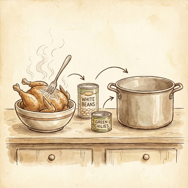 Savory Shredded Chicken White Chili instructions