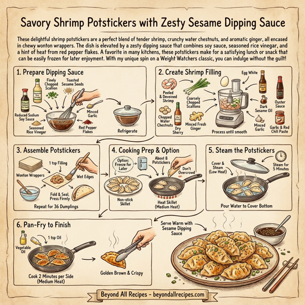 Savory Shrimp Potstickers with Zesty Sesame Dipping Sauce instructions
