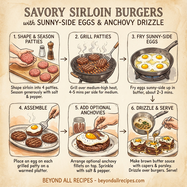 Savory Sirloin Burgers with Sunny-Side Eggs and Anchovy Drizzle instructions