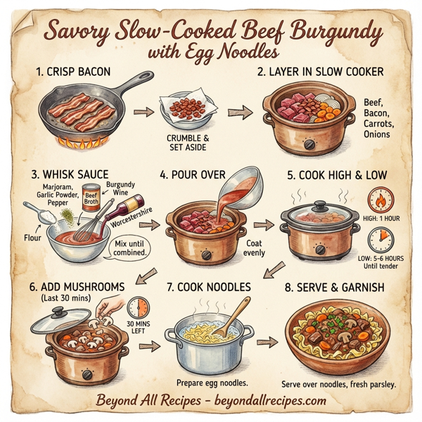 Savory Slow-Cooked Beef Burgundy with Egg Noodles instructions