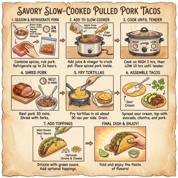 Savory Slow-Cooked Pulled Pork Tacos with Fresh Avocado and Cilantro instructions