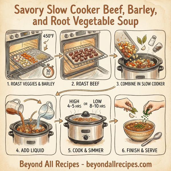 Savory Slow Cooker Beef, Barley, and Root Vegetable Soup instructions