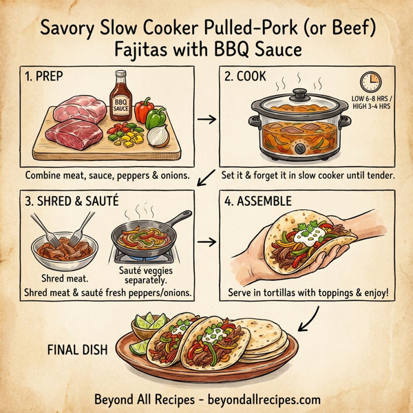 Savory Slow Cooker Pulled-Pork (or Beef) Fajitas with BBQ Sauce instructions
