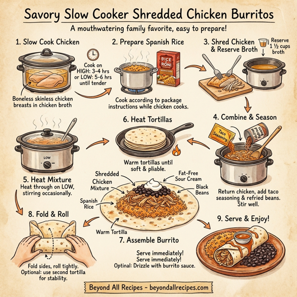 Savory Slow Cooker Shredded Chicken Burritos instructions