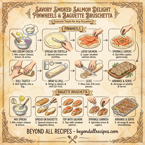 Savory Smoked Salmon Delight Pinwheels & Baguette Bruschetta instructions