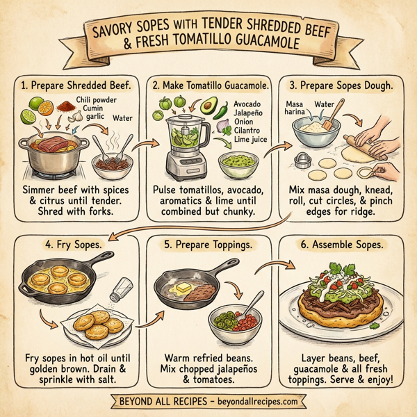 Savory Sopes with Tender Shredded Beef and Fresh Tomatillo Guacamole instructions