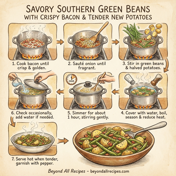 Savory Southern Green Beans with Crispy Bacon and Tender New Potatoes instructions