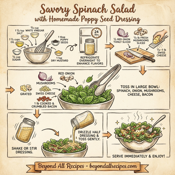 Savory Spinach Salad with Homemade Poppy Seed Dressing instructions