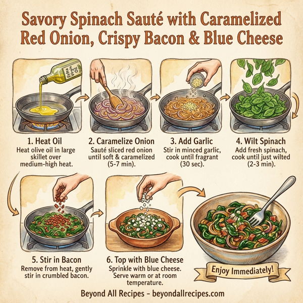 Savory Spinach Sauté with Caramelized Red Onion, Crispy Bacon & Blue Cheese instructions