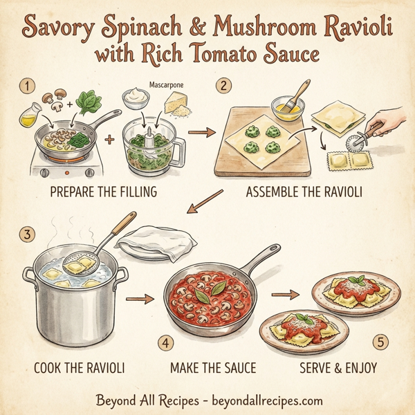 Savory Spinach & Mushroom Ravioli with Rich Tomato Sauce instructions
