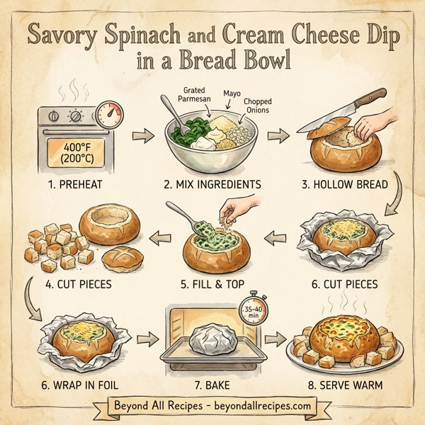 Savory Spinach and Cream Cheese Dip in a Bread Bowl instructions