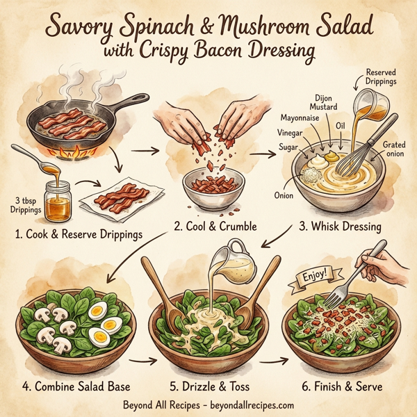 Savory Spinach and Mushroom Salad with Crispy Bacon Dressing instructions