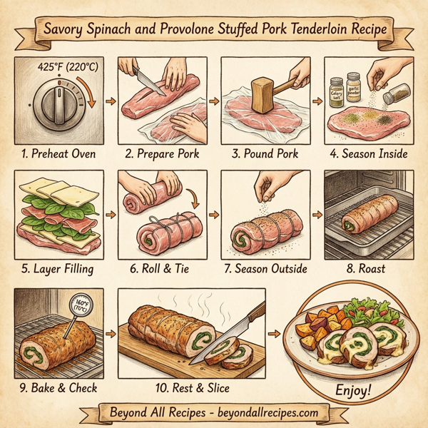 Savory Spinach and Provolone Stuffed Pork Tenderloin instructions