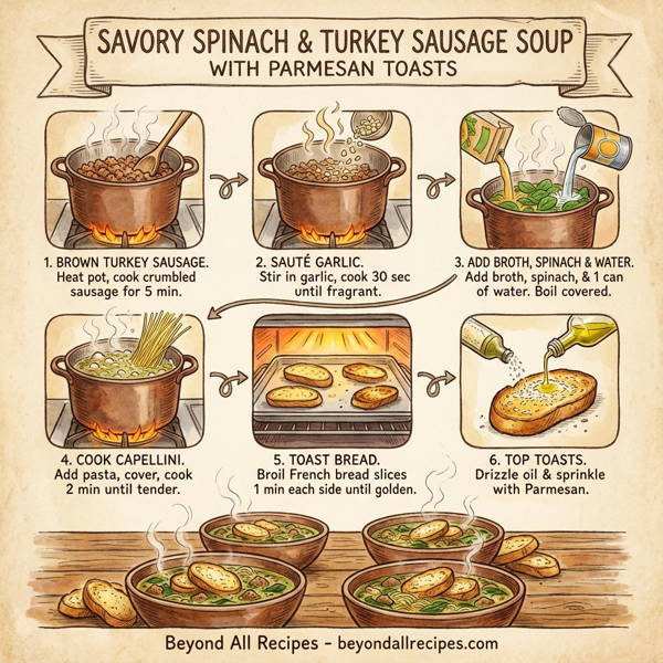 Savory Spinach and Turkey Sausage Soup with Parmesan Toasts instructions