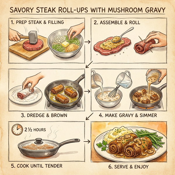 Savory Steak Roll-Ups with Mushroom Gravy instructions
