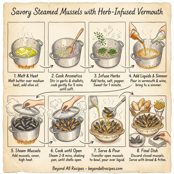 Savory Steamed Mussels with Herb-Infused Vermouth instructions