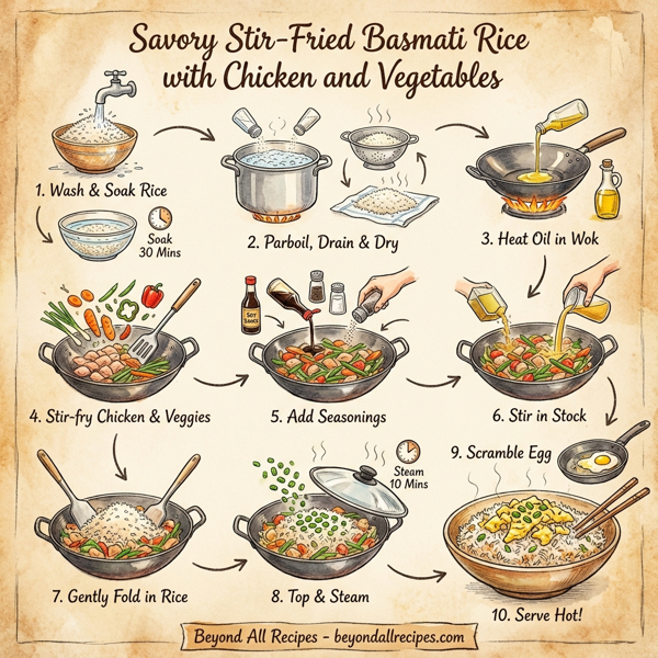 Savory Stir-Fried Basmati Rice with Chicken and Vegetables instructions