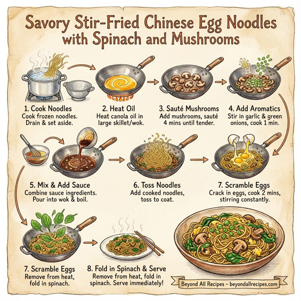 Savory Stir-Fried Chinese Egg Noodles with Spinach and Mushrooms instructions