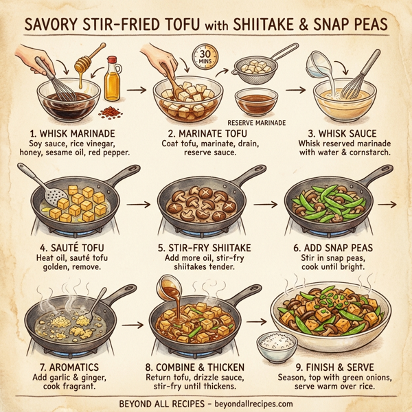 Savory Stir-Fried Tofu with Shiitake Mushrooms and Crisp Sugar Snap Peas instructions