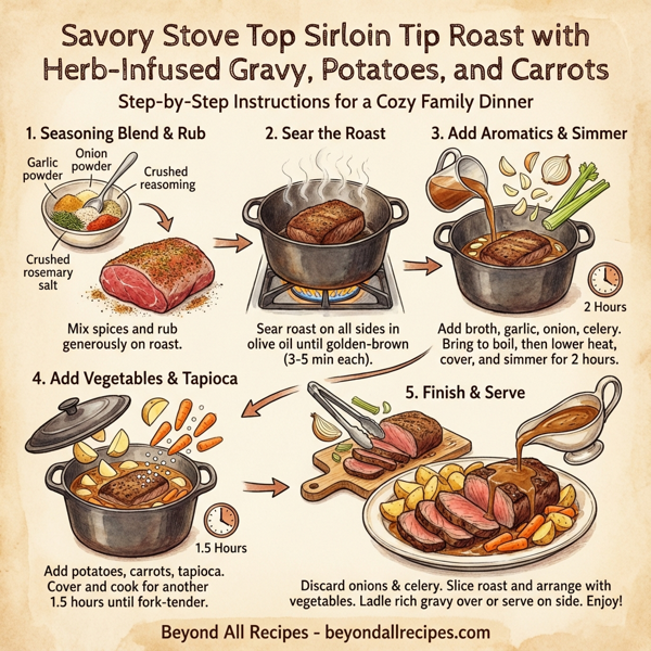 Savory Stove Top Sirloin Tip Roast with Herb-Infused Gravy, Potatoes, and Carrots instructions