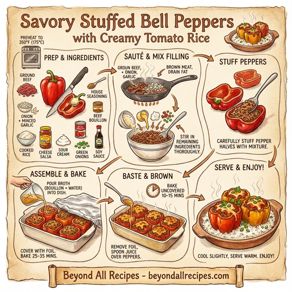 Savory Stuffed Bell Peppers with Creamy Tomato Rice instructions