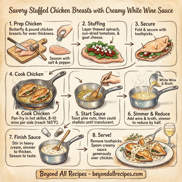 Savory Stuffed Chicken Breasts with Creamy White Wine Sauce instructions