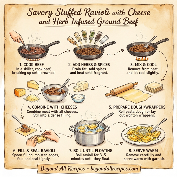 Savory Stuffed Ravioli with Cheese and Herb Infused Ground Beef instructions