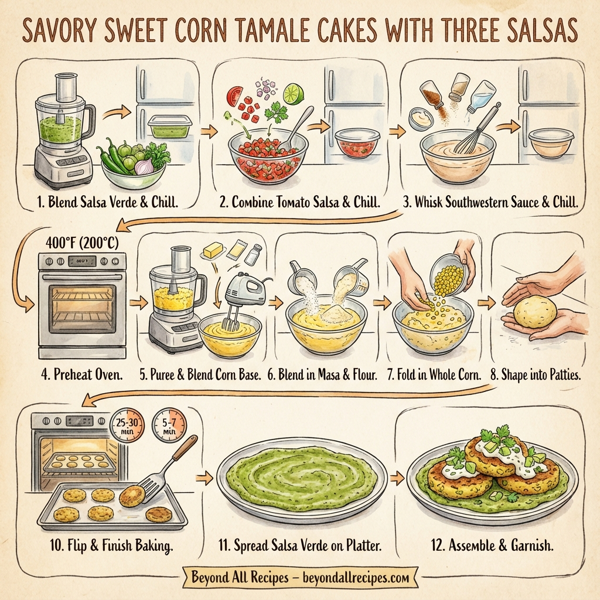 Savory Sweet Corn Tamale Cakes with Three Salsas instructions