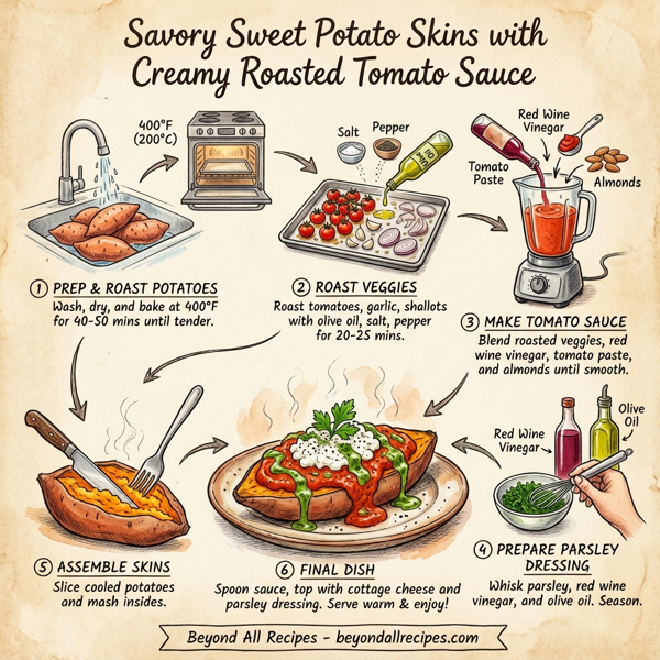 Savory Sweet Potato Skins with Creamy Roasted Tomato Sauce instructions