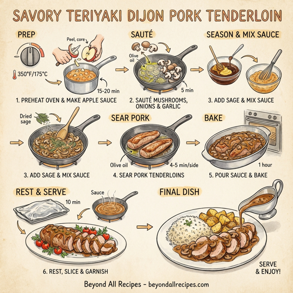 Savory Teriyaki Dijon Pork Tenderloin with Sautéed Mushrooms, Onions, and Baked Apple Sauce instructions