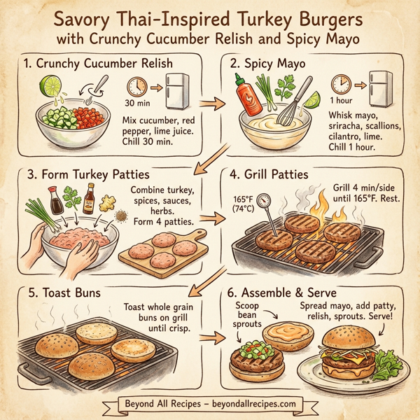 Savory Thai-Inspired Turkey Burgers with Crunchy Cucumber Relish and Spicy Mayo instructions