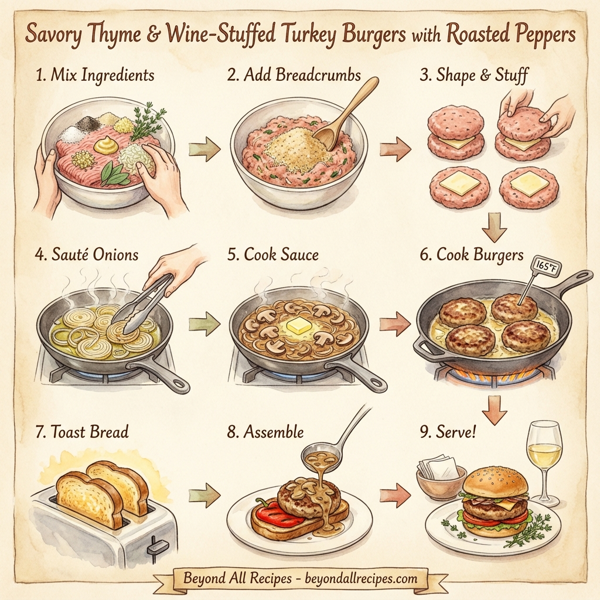 Savory Thyme & Wine-Stuffed Turkey Burgers with Roasted Peppers instructions