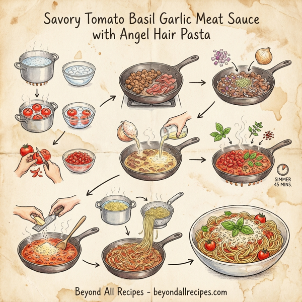 Savory Tomato Basil Garlic Meat Sauce with Angel Hair Pasta instructions
