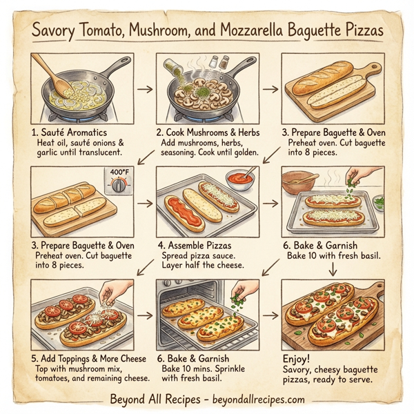 Savory Tomato, Mushroom, and Mozzarella Baguette Pizzas instructions