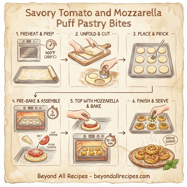 Savory Tomato and Mozzarella Puff Pastry Bites instructions