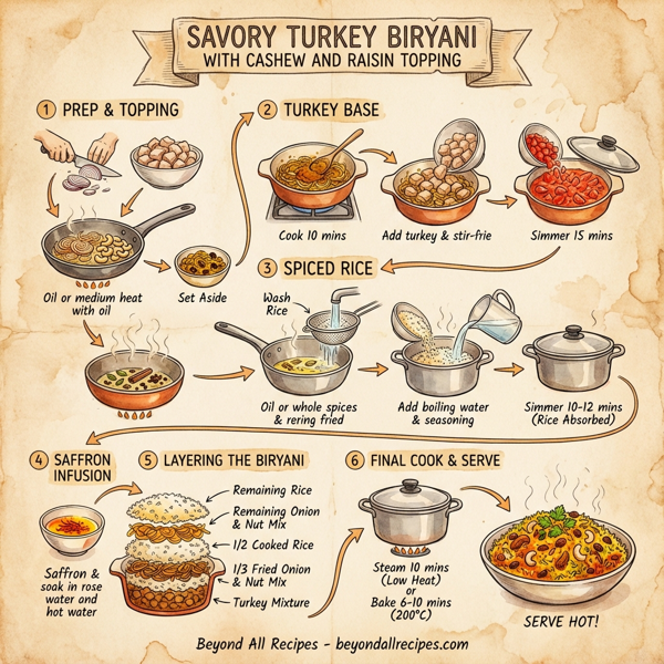 Savory Turkey Biryani with Cashew and Raisin Topping instructions