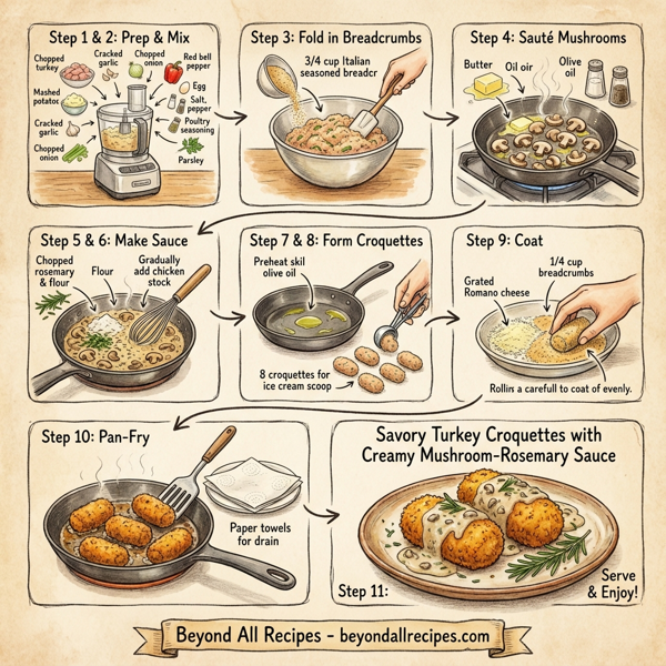 Savory Turkey Croquettes with Creamy Mushroom-Rosemary Sauce instructions
