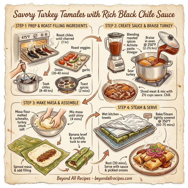 Savory Turkey Tamales with Rich Black Chile Sauce instructions