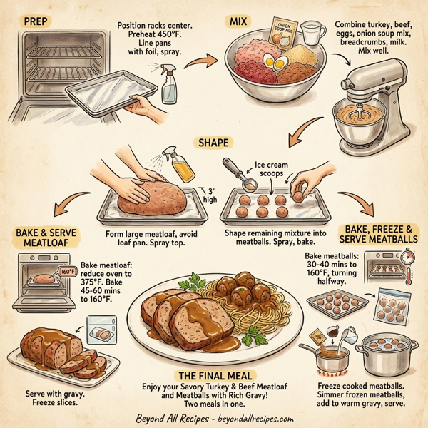 Savory Turkey & Beef Meatloaf and Meatballs with Rich Gravy instructions