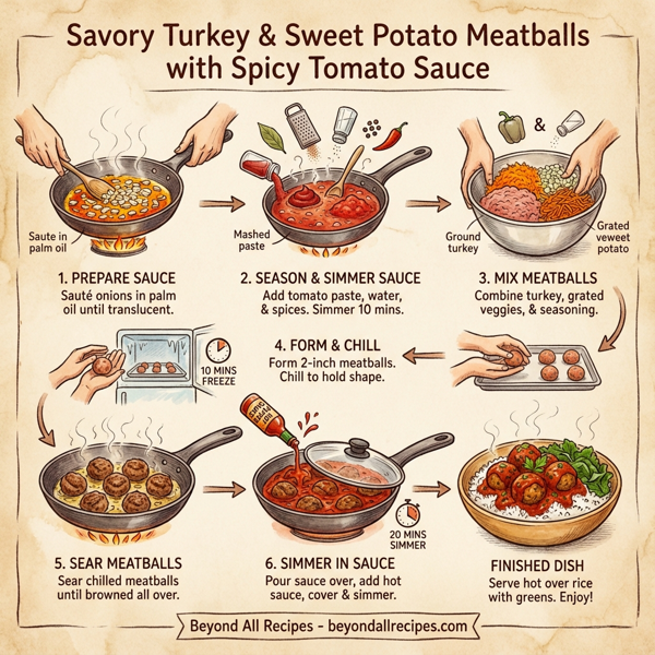 Savory Turkey and Sweet Potato Meatballs with Spicy Tomato Sauce instructions