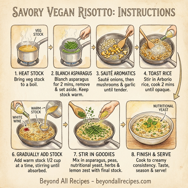 Savory Vegan Risotto with Golden Mushrooms, Peas, and Asparagus instructions