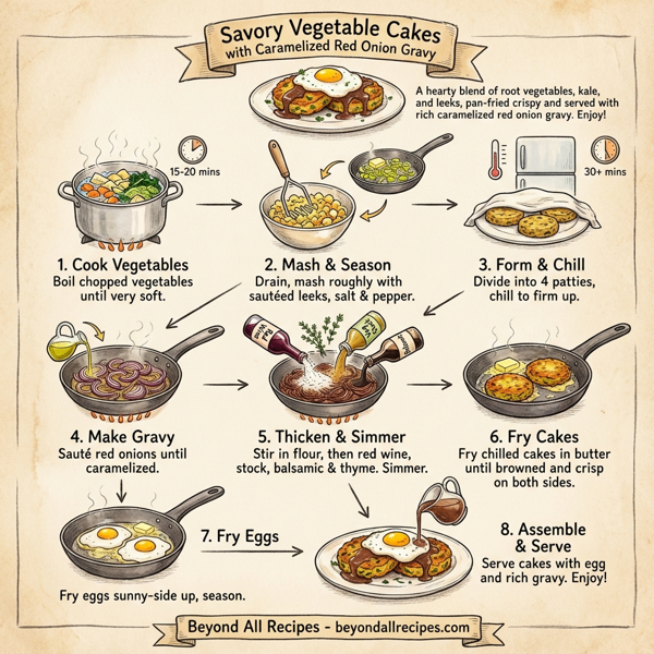 Savory Vegetable Cakes with Caramelized Red Onion Gravy instructions