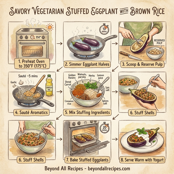 Savory Vegetarian Stuffed Eggplant with Brown Rice instructions