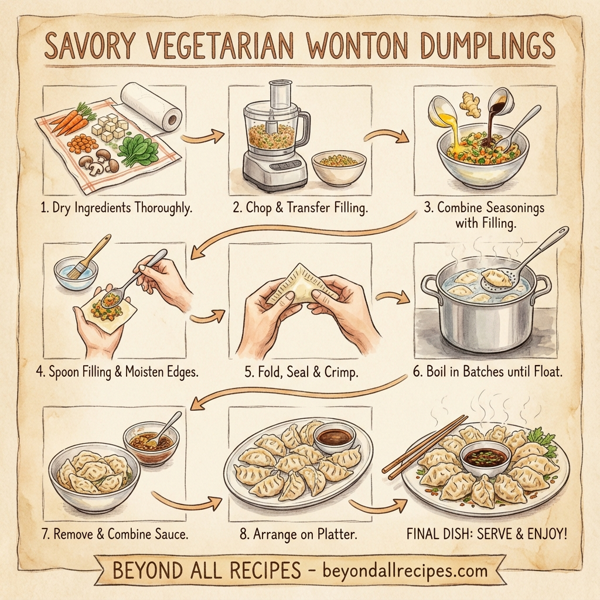 Savory Vegetarian Wonton Dumplings with Dipping Sauce instructions