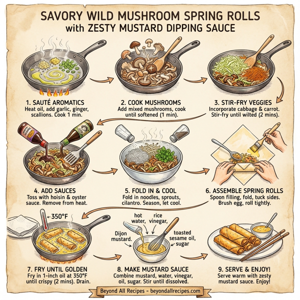 Savory Wild Mushroom Spring Rolls with Zesty Mustard Dipping Sauce instructions