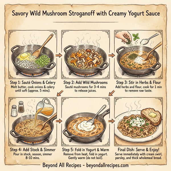 Savory Wild Mushroom Stroganoff with Creamy Yogurt Sauce instructions