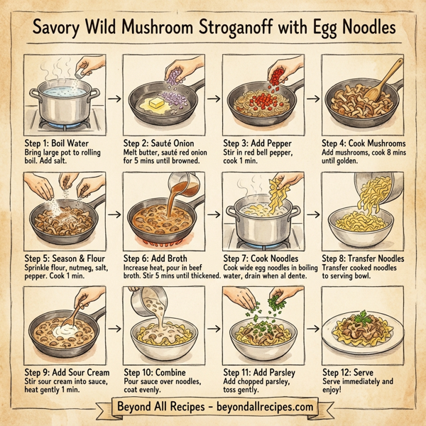 Savory Wild Mushroom Stroganoff with Egg Noodles instructions