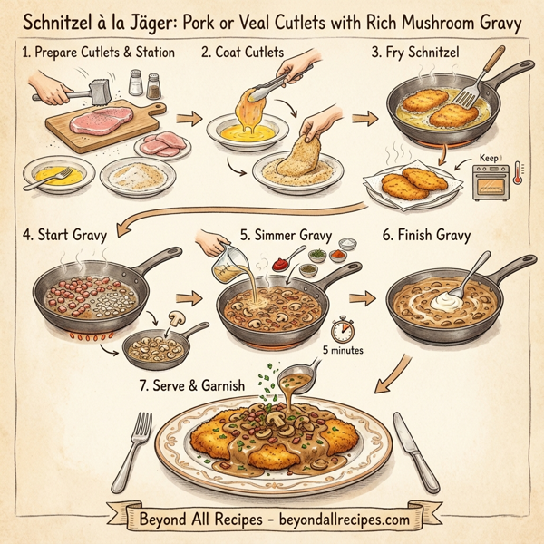 Schnitzel à la Jäger: Pork or Veal Cutlets Smothered in Rich Mushroom Gravy instructions