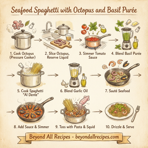 Seafood Spaghetti with Octopus and Basil Purée instructions
